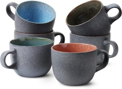 Juego de 6 tazas de café de porcelana de 14 oz (415 ml), exterior negro mate e interior colorido.